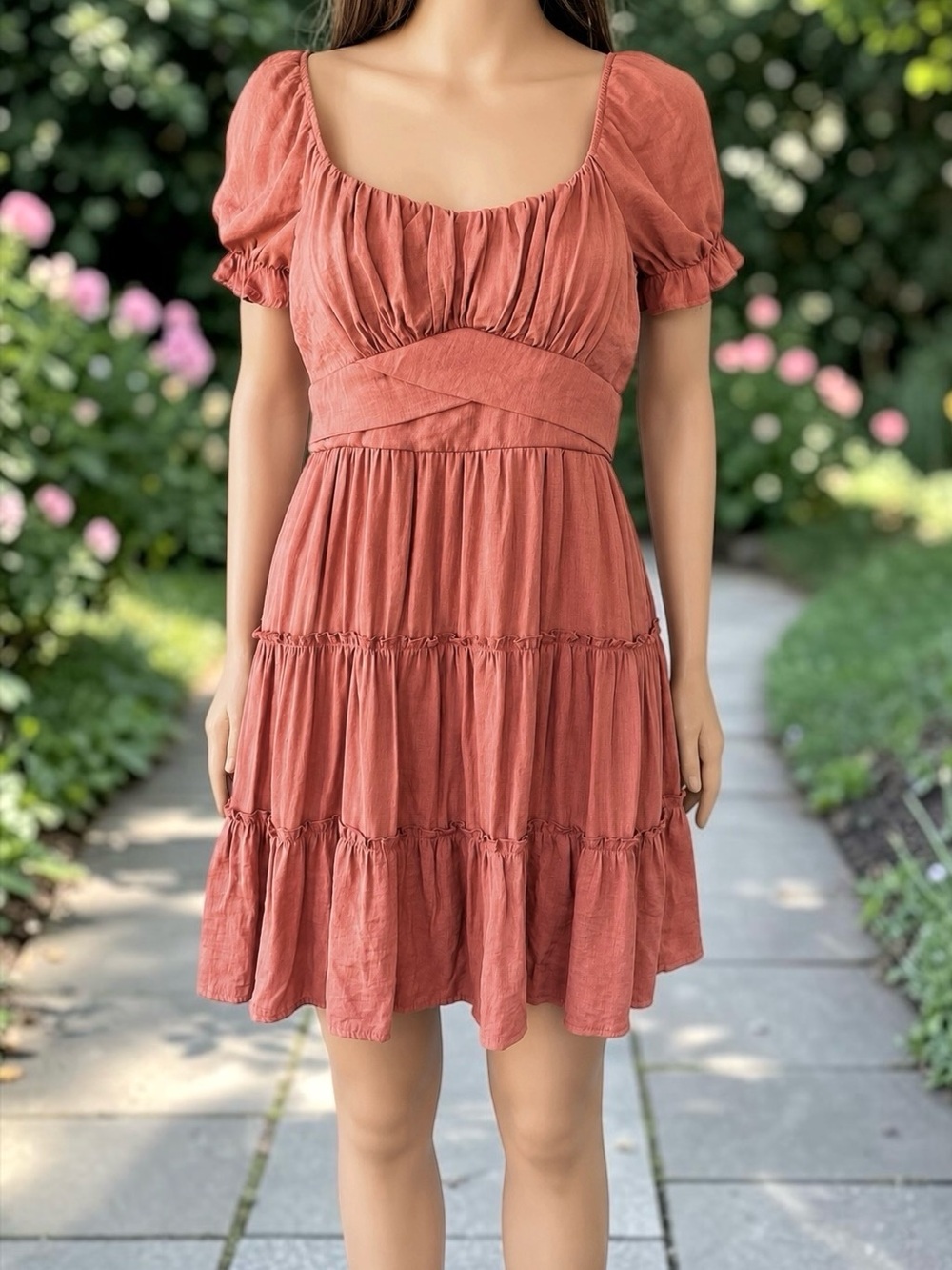 Trixxi Rust Orange Terracotta Puff Sleeve Tiered Babydoll Dress Size Medium